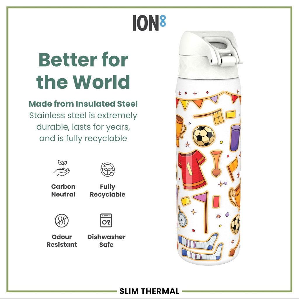 ION8 insulated steel football-shaped water bottle, 500ml, leak-proof, thermal design, slim stainless steel hydration container