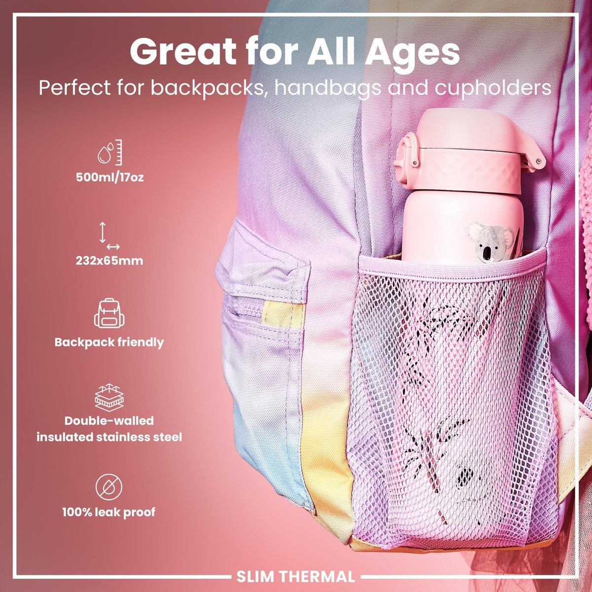 ION8 insulated steel water bottle featuring a Koala design, 500ml capacity, slim thermal leak-proof construction for hot and cold drinks
