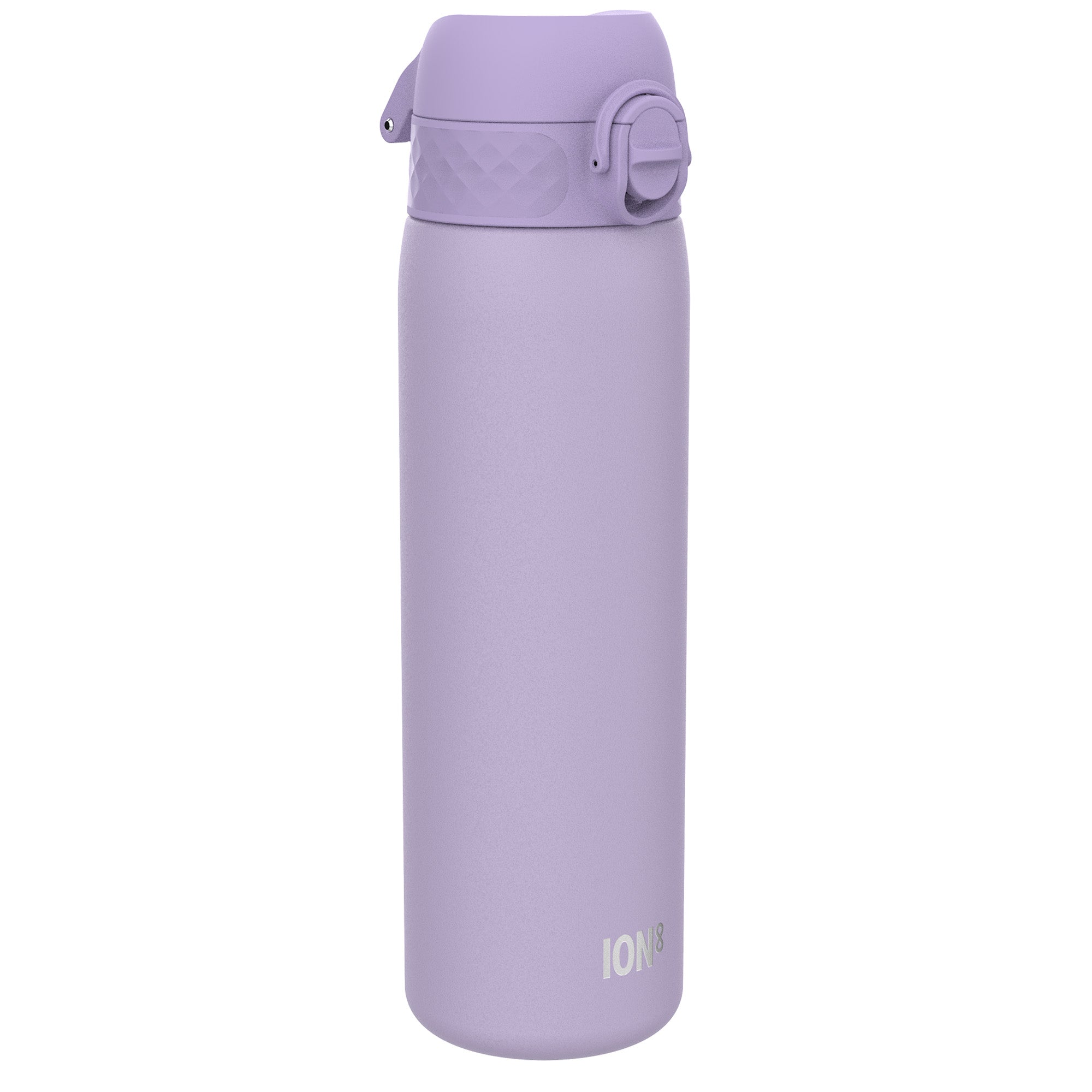 Light purple ION8 insulated steel water bottle with leak-proof lid, slim design, 500ml capacity, perfect for keeping drinks hot or cold.
