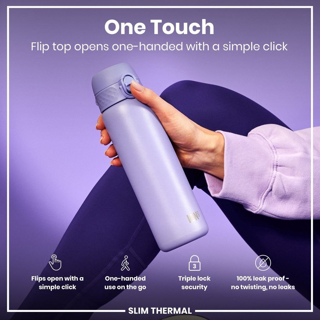 Light purple ION8 insulated steel water bottle, 500ml, slim thermal design with leak-proof construction.