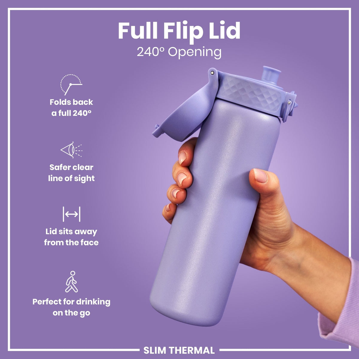 Light purple ION8 insulated steel water bottle, 500ml, slim thermal design, leak-proof stainless steel, ideal for staying hydrated.