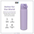 Light purple ION8 insulated steel water bottle, 500ml, slim thermal design with leak-proof features.