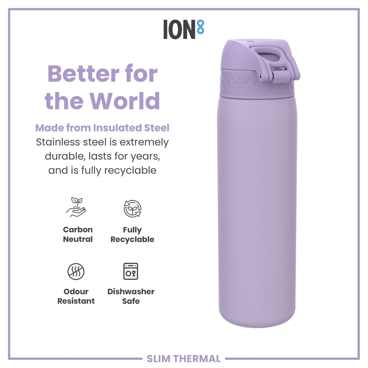 Light purple ION8 insulated steel water bottle, 500ml, slim thermal design with leak-proof features.