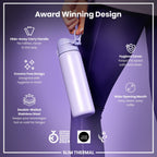 Light purple ION8 insulated steel water bottle, 500ml, slim thermal design with leak-proof features and durable construction.