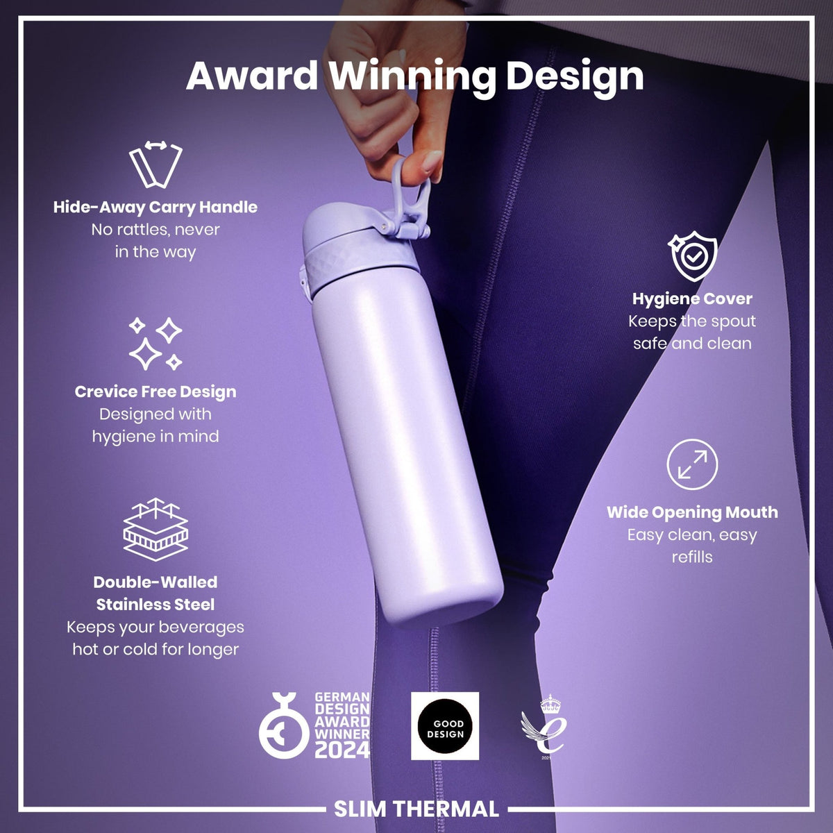 Light purple ION8 insulated steel water bottle, 500ml, slim thermal design with leak-proof features and durable construction.