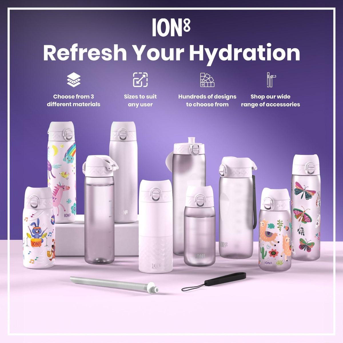 Light purple ION8 insulated steel water bottle, 500ml, slim design with leak-proof, thermal insulation for hot and cold drinks.