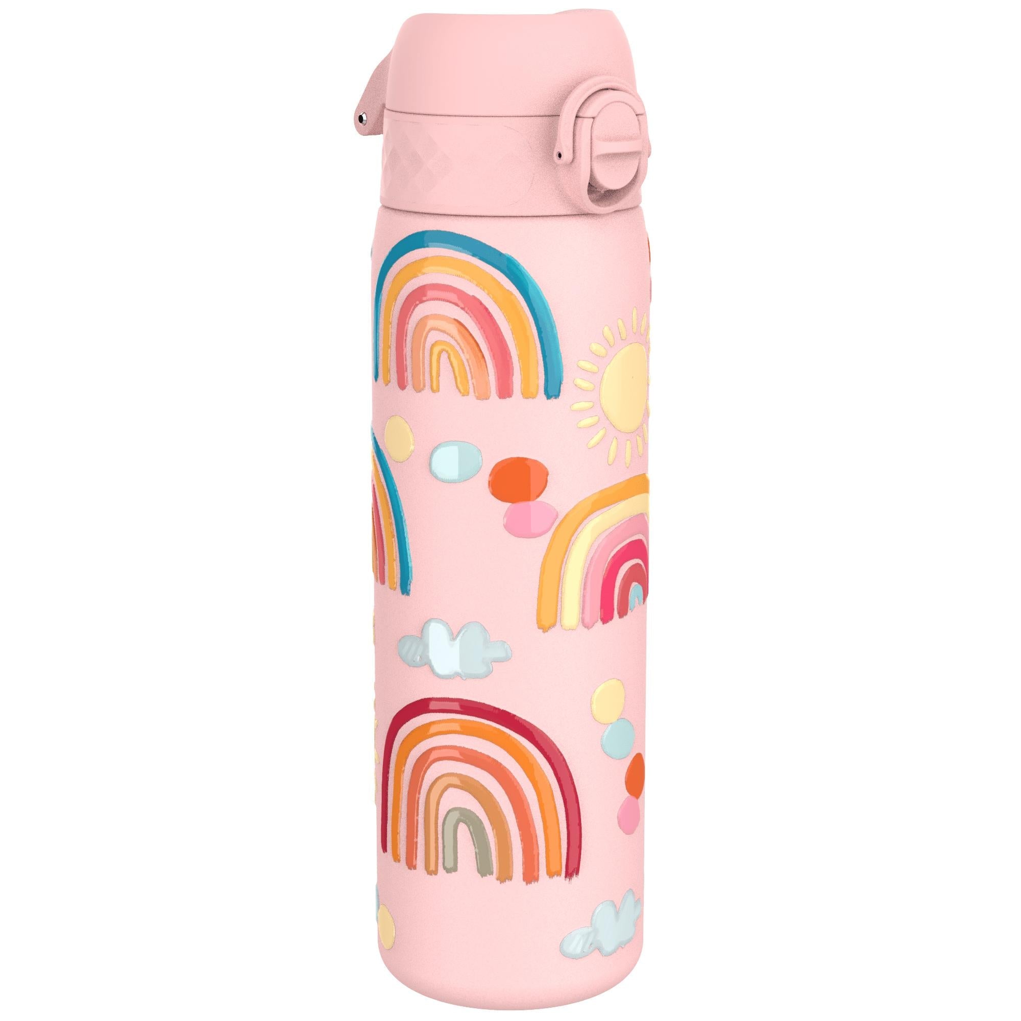 Ion8 leak-proof slim thermal steel water bottle with rainbow design, insulated 500ml (17oz) for hot or cold drinks.