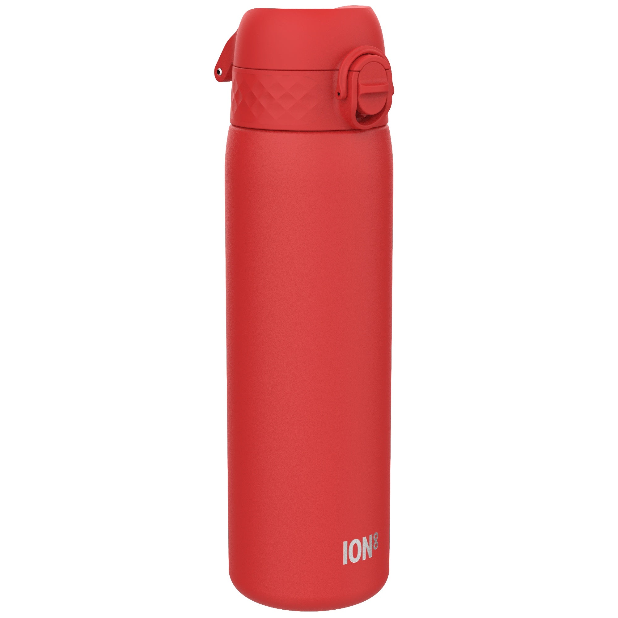 Red ION8 insulated steel water bottle, 500ml leak-proof slim thermal water bottle with a sleek design and secure lid.