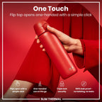 ION8 insulated steel water bottle in red, 500ml, slim design with leak-proof lid and thermal insulation for hot or cold drinks.