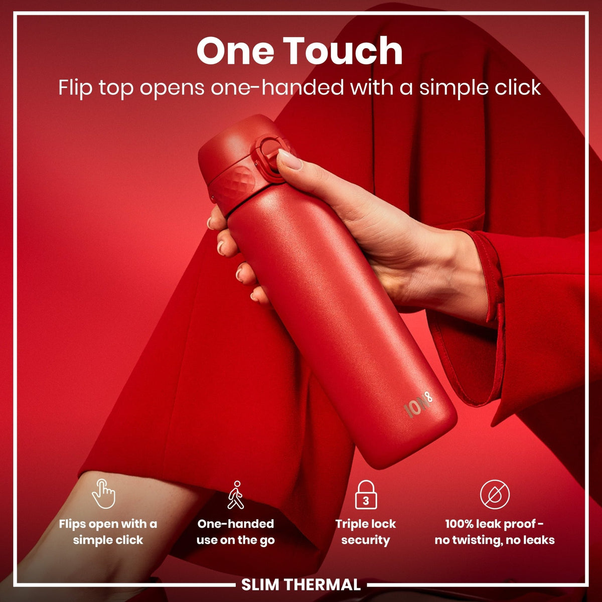 ION8 insulated steel water bottle in red, 500ml, slim design with leak-proof lid and thermal insulation for hot or cold drinks.