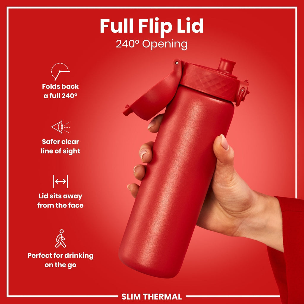 Red ION8 insulated steel water bottle, 500ml, slim thermal design with leak-proof cap for hot or cold beverages.