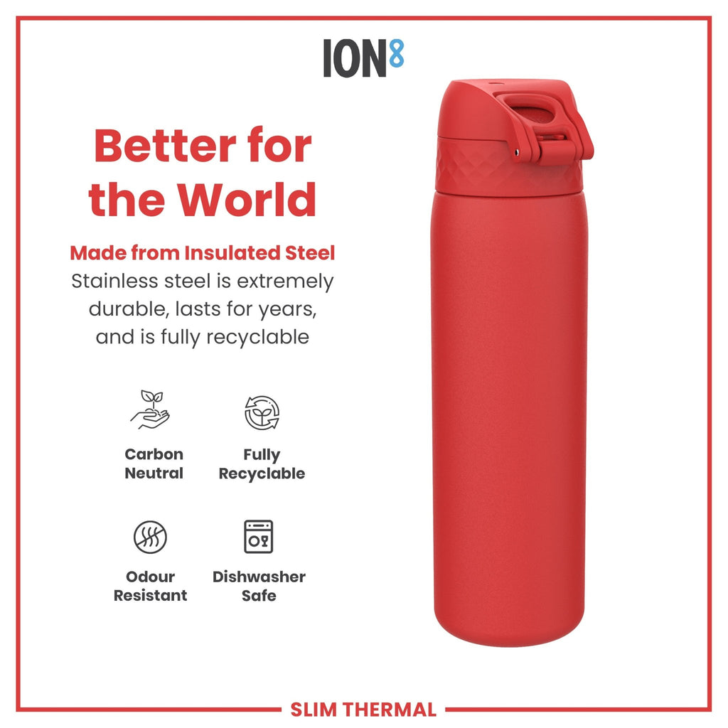 Red ION8 insulated steel water bottle, 500ml, slim and leak-proof, designed for thermal insulation and durable hydration.
