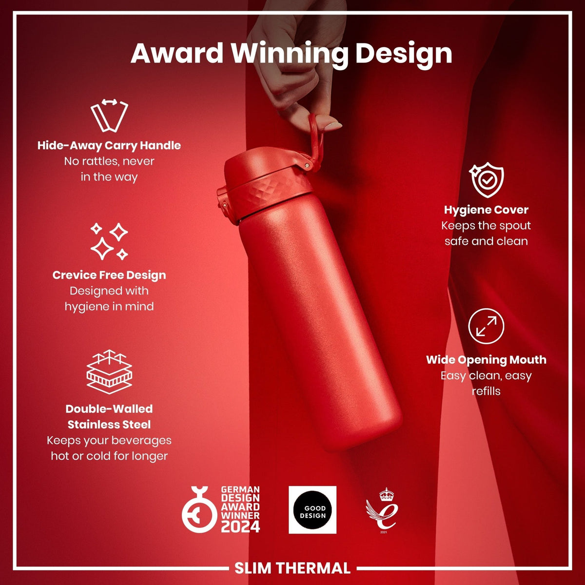 Red ION8 insulated steel water bottle, 500ml, with leak-proof design and slim thermal build for hot and cold beverages.