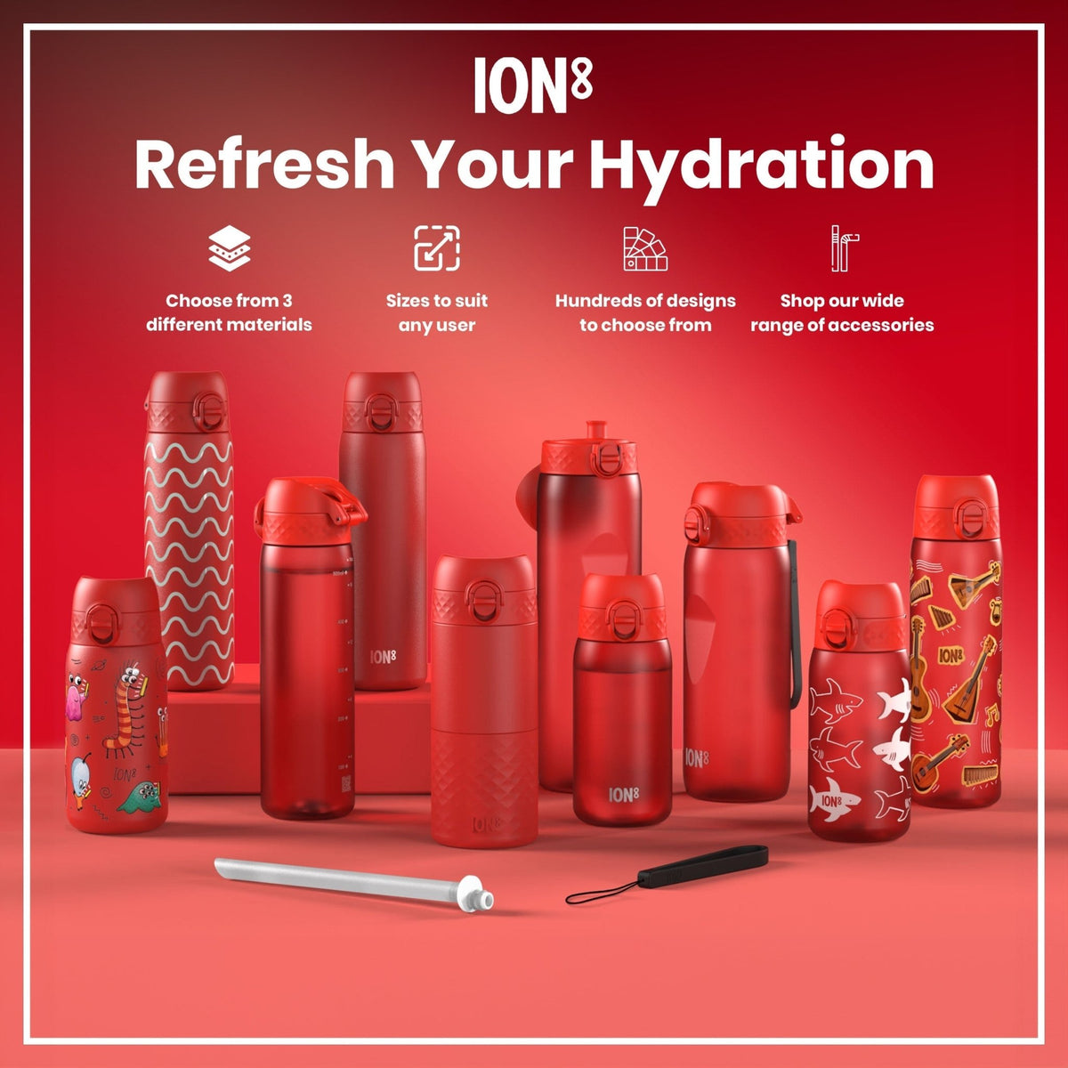 Red ION8 insulated steel water bottle, 500ml, slim and leak-proof thermal bottle for hot and cold drinks.