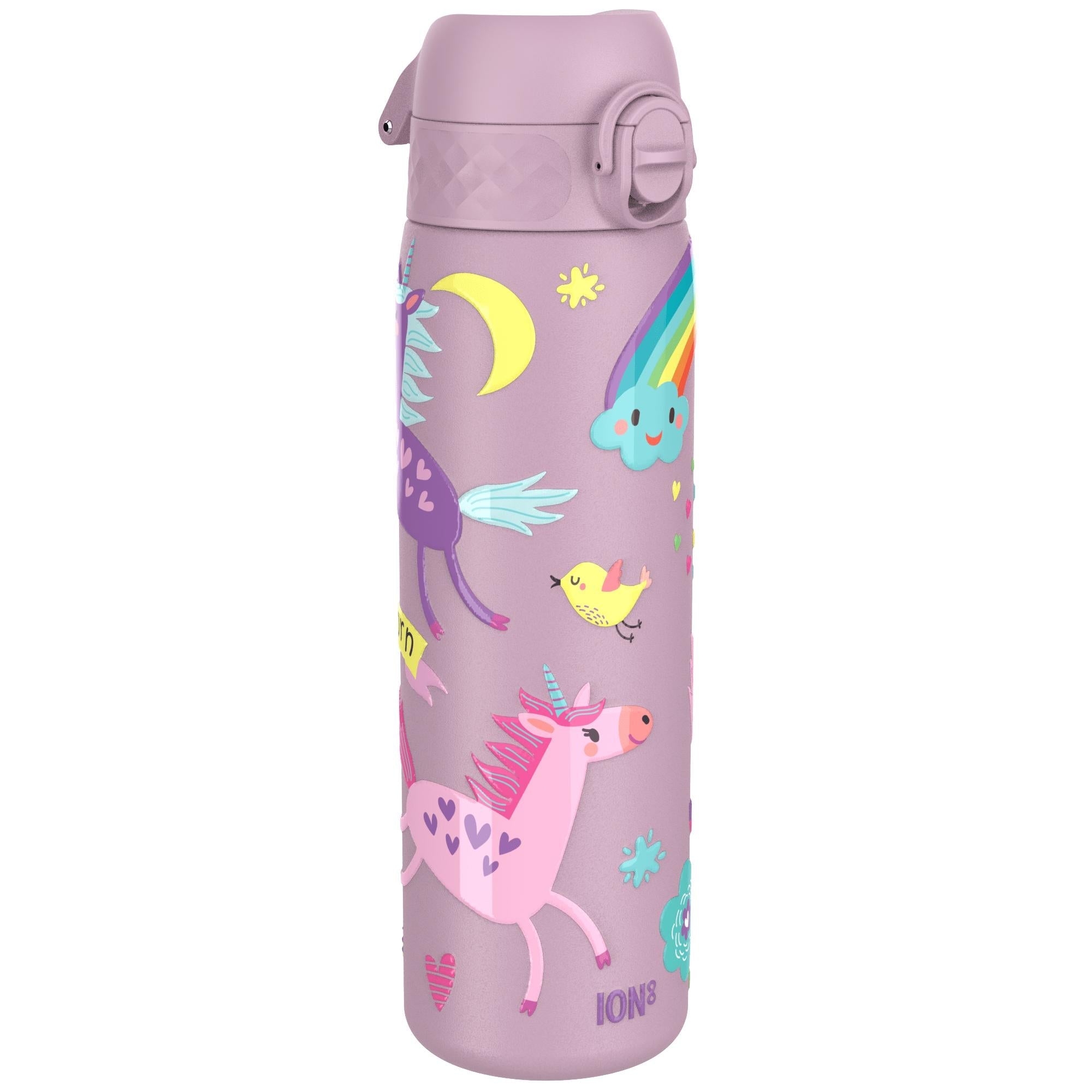 Ion8 leak-proof slim thermal steel water bottle with unicorn design, insulated 500ml (17oz) water bottle for hot or cold drinks.