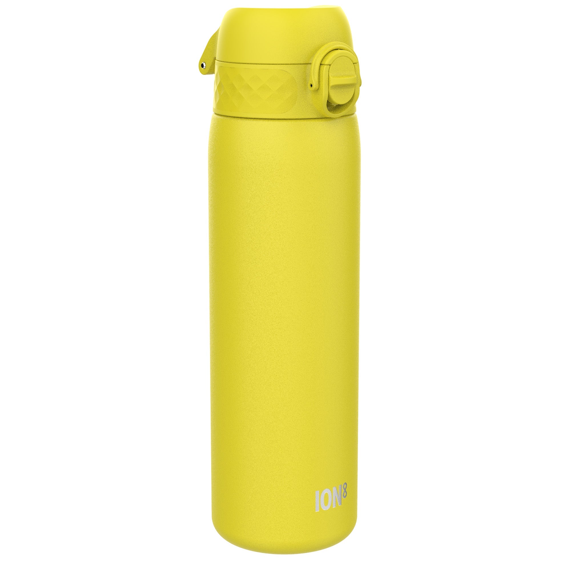 Yellow ION8 leak-proof slim thermal insulated steel water bottle, 500ml capacity, with a sleek design and secure lid.
