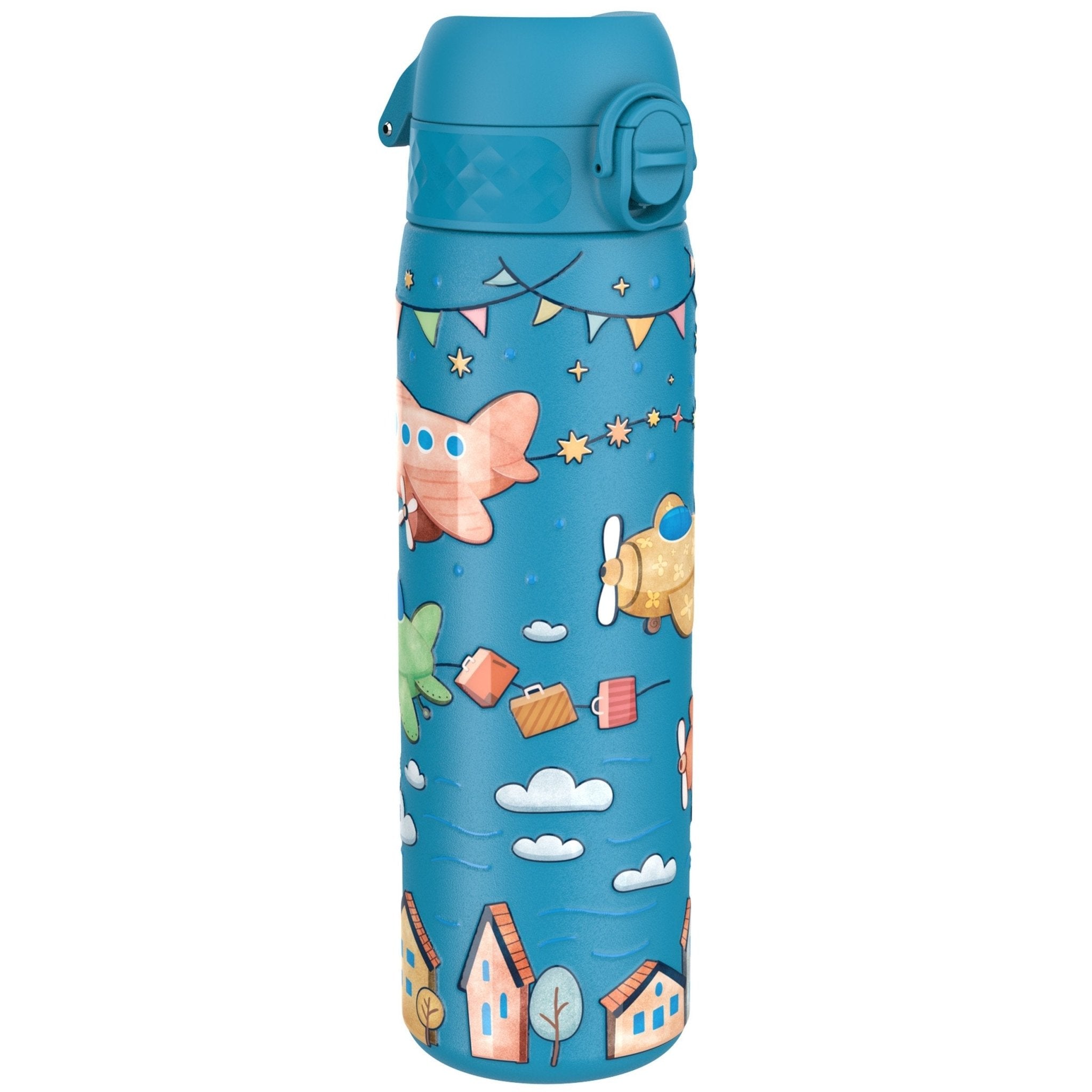 ION8 leak-proof slim thermal water bottle, 17oz insulated steel design with airplane pattern, ideal for travel and hydration.