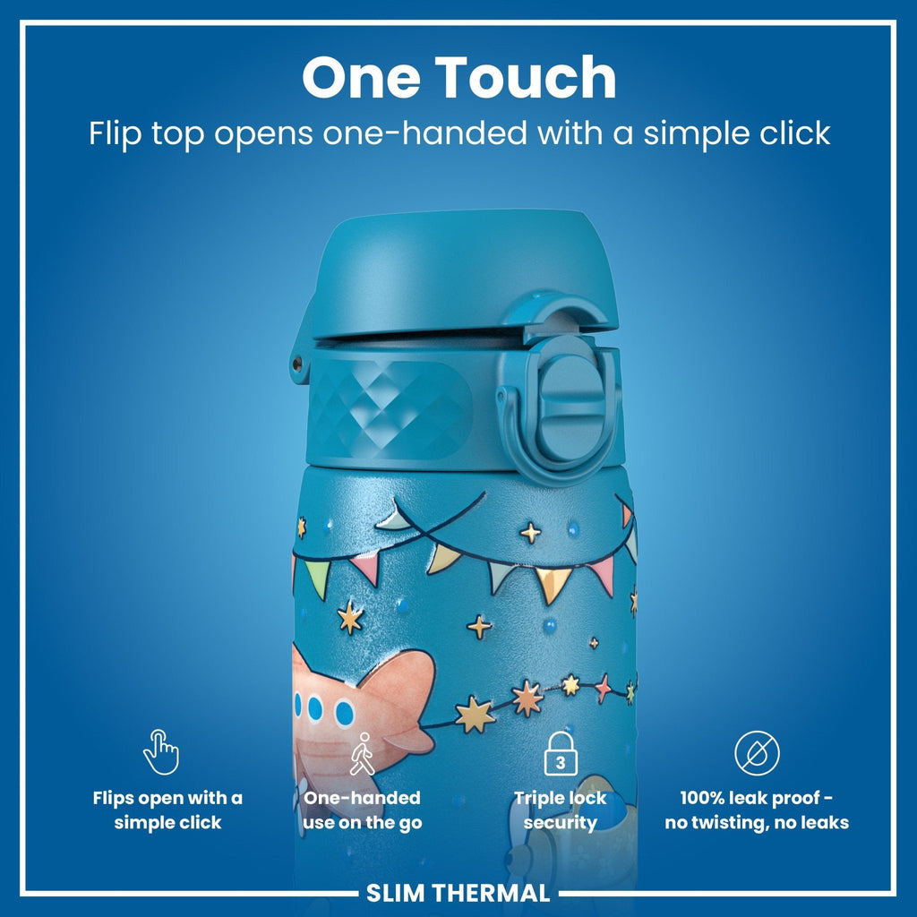 ION8 insulated steel water bottle with airplane design, 500ml capacity, leak-proof, slim thermal bottle for hot and cold drinks