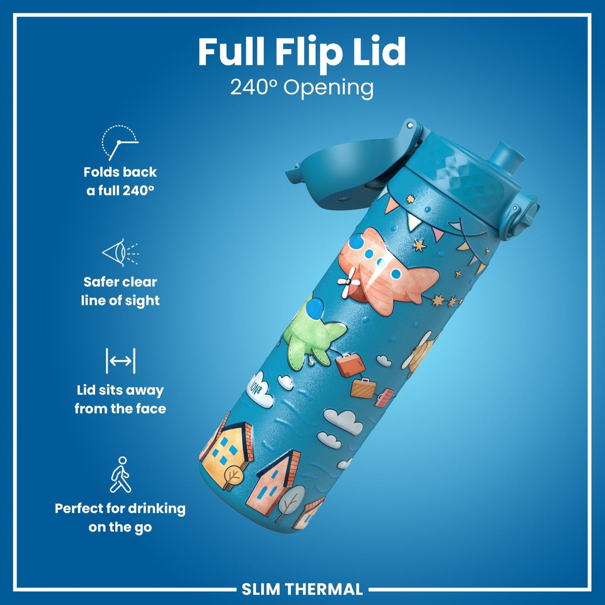 Ion8 insulated steel water bottle featuring airplane design, 500ml capacity, leak-proof, slim thermal bottle for hot and cold drinks