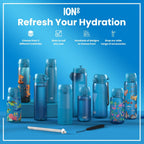 ION8 insulated steel water bottle with airplane design, 500ml capacity, slim thermal bottle, leak-proof, durable stainless steel.