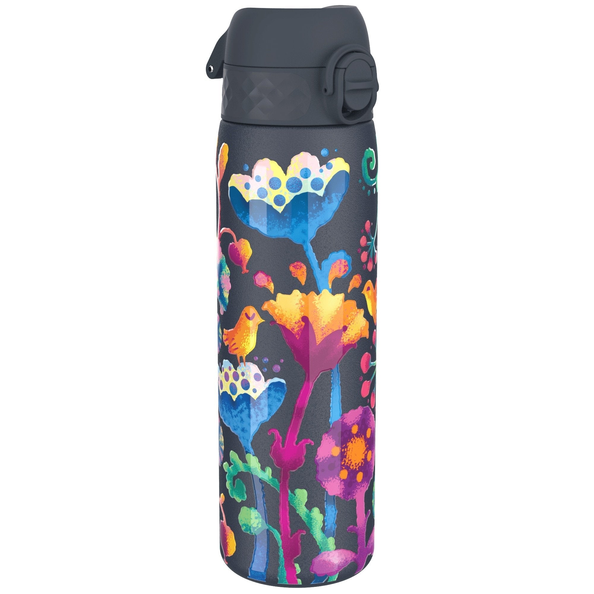 Ion8 leak-proof slim thermal water bottle with bright floral design, 500ml insulated steel drink container, showing colorful exterior.