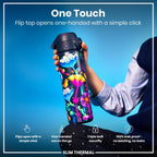ION8 insulated steel water bottle with bright floral design, 500ml capacity, leak-proof, slim thermal bottle for hot and cold drinks.