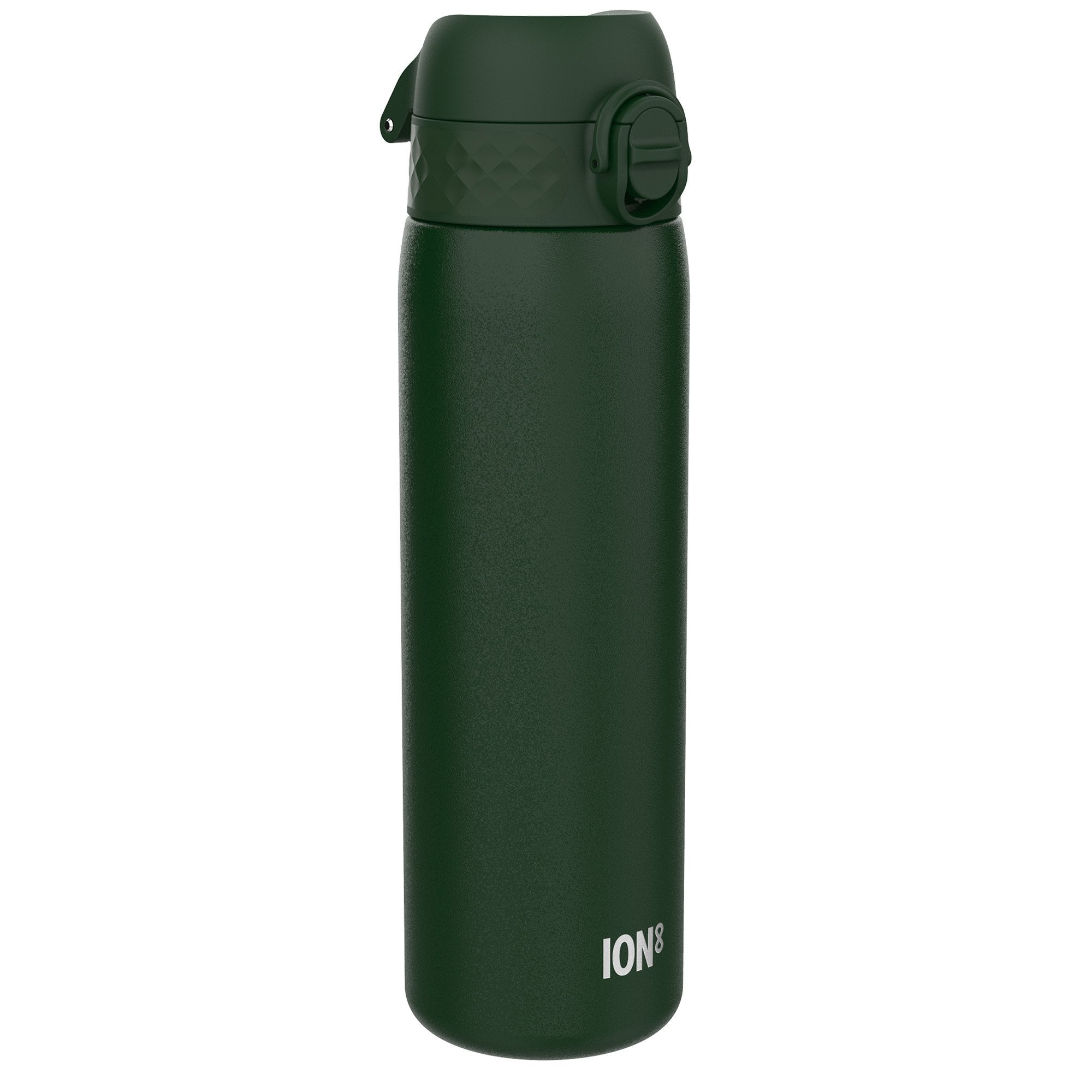 Dark green ION8 leak-proof slim thermal water bottle, 500ml insulated steel bottle with a sleek, modern design.