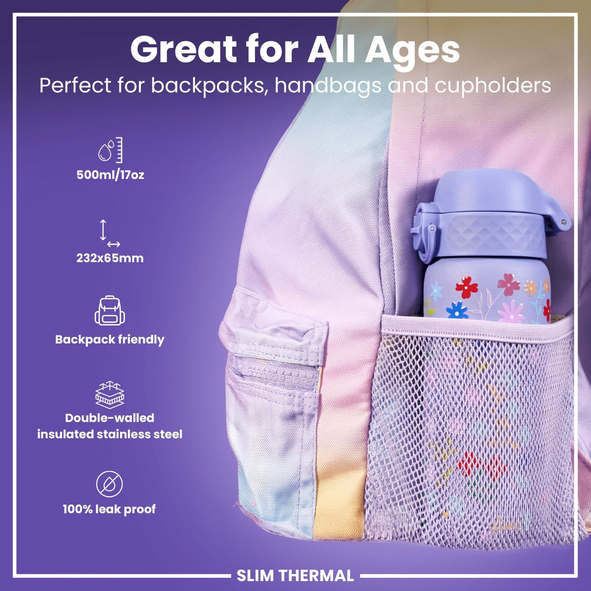 ION8 insulated steel water bottle with a Ditsy floral design, 500ml capacity, leak-proof, slim thermal water bottle.