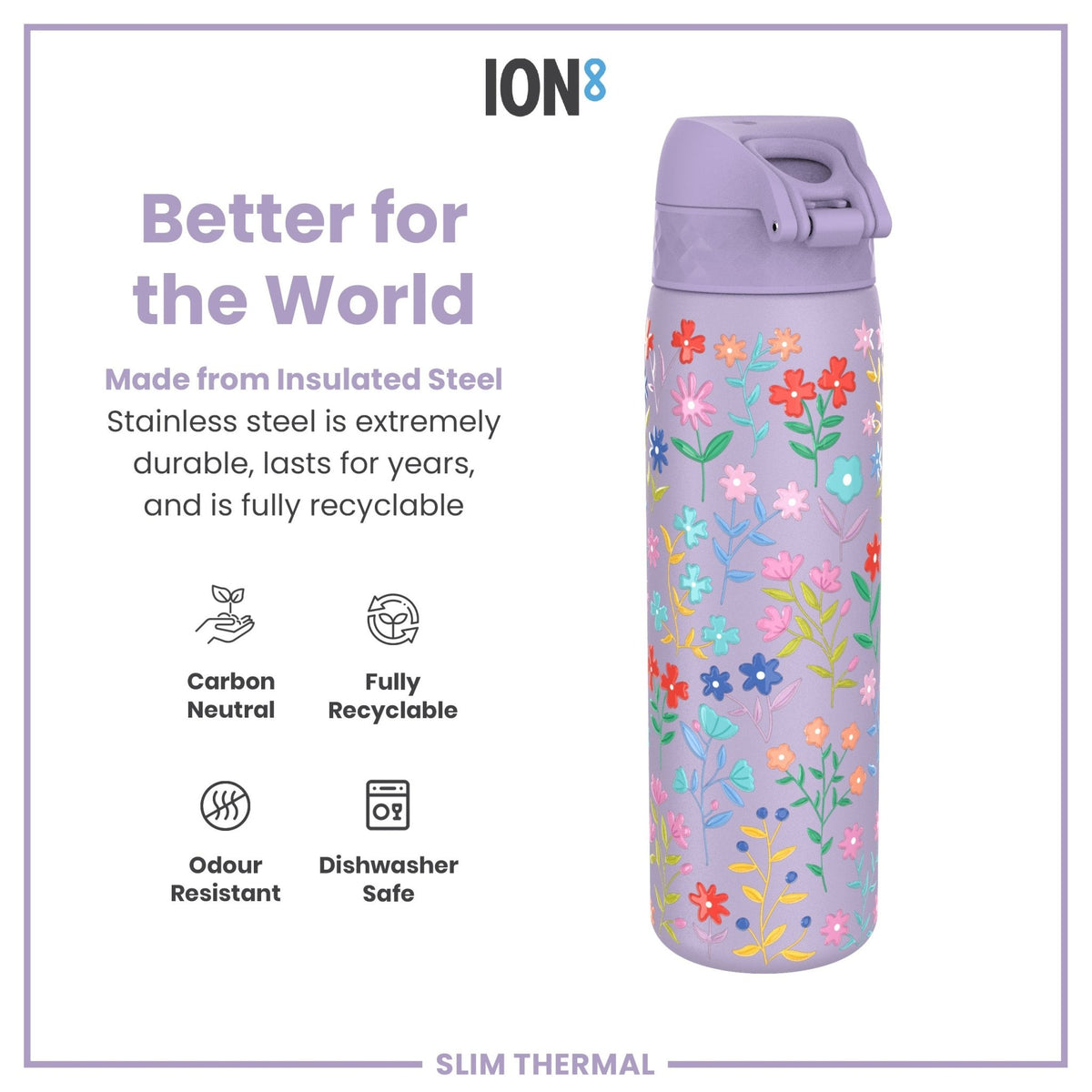 ION8 insulated steel water bottle with a Ditsy floral design, 500ml capacity, leak-proof, slim thermal bottle for hot and cold drinks.