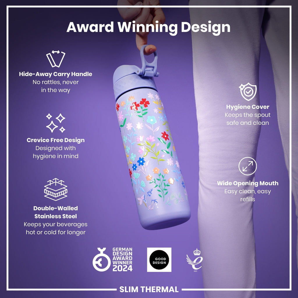 ION8 insulated steel water bottle with a Ditsy floral design, 500ml capacity, leak-proof and slim thermal design.