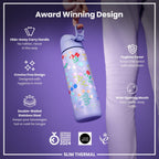 ION8 insulated steel water bottle with a Ditsy floral design, 500ml capacity, leak-proof and slim thermal design.