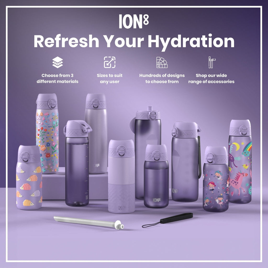 Ion8 insulated steel water bottle with a Ditsy floral design, 500ml capacity, leak-proof and slim thermal bottle.