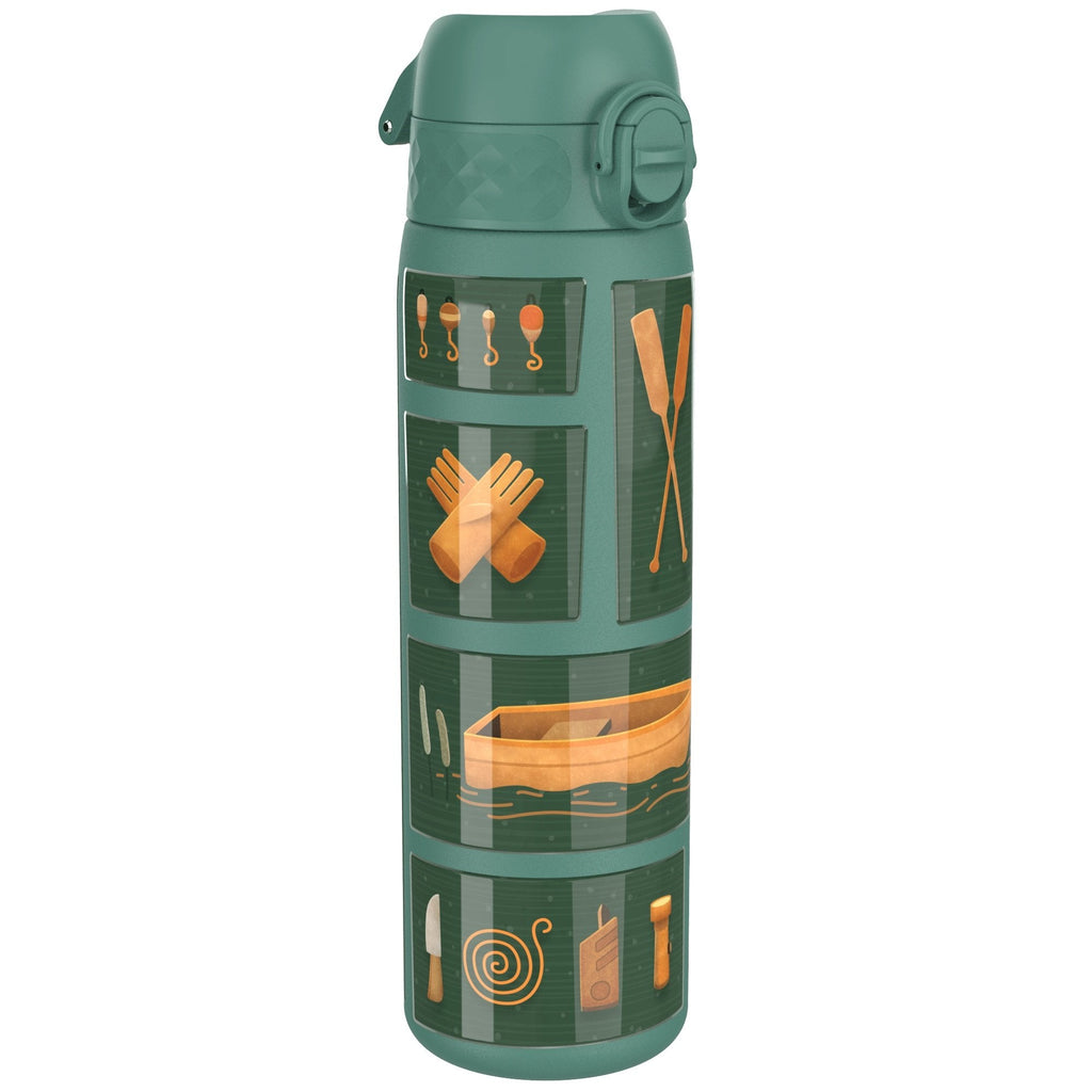 ION8 insulated steel water bottle for fishing, 500ml, slim thermal design, leak-proof, ideal for outdoor activities.