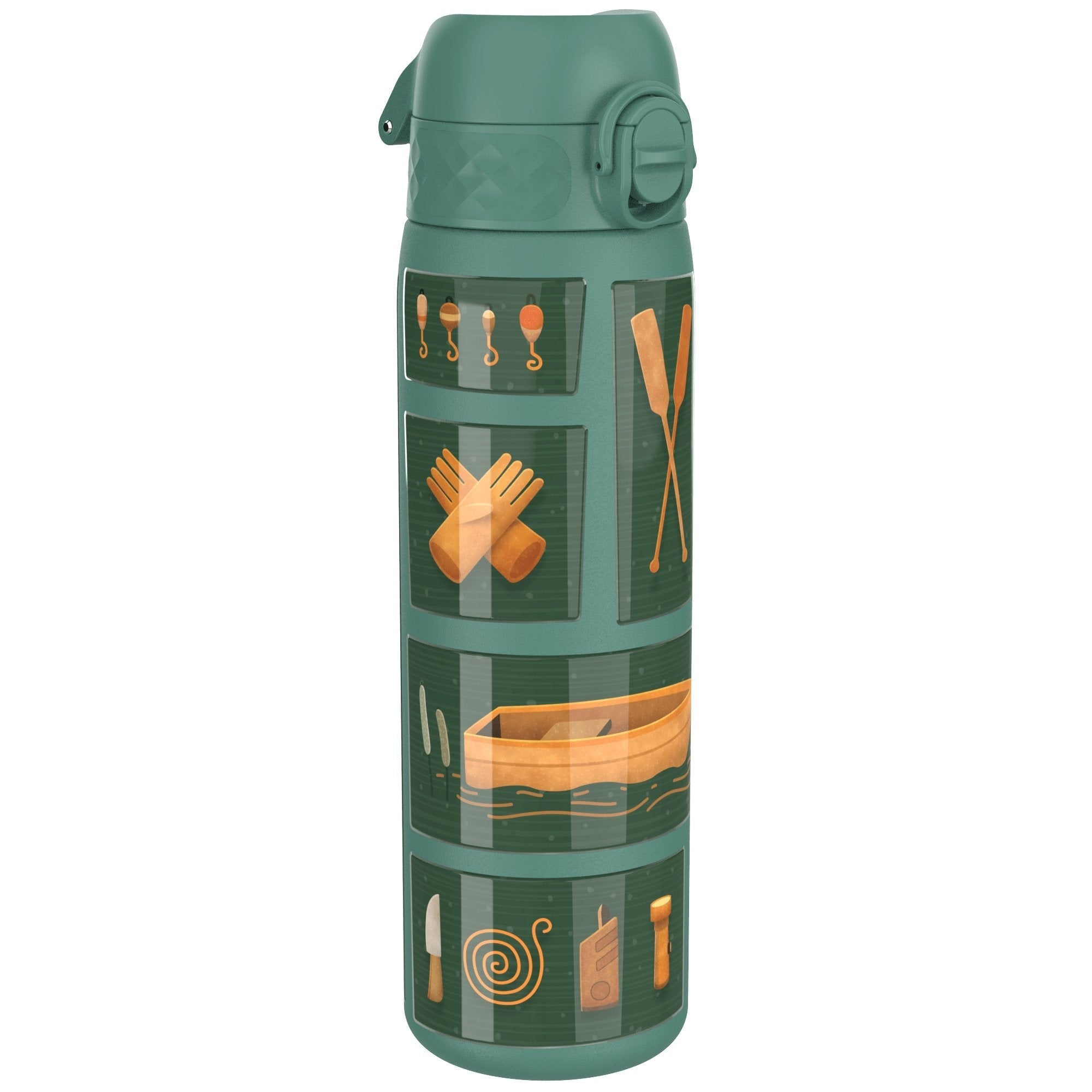 ION8 leak-proof slim thermal steel water bottle, insulated and 500ml, designed for fishing and outdoor hydration.