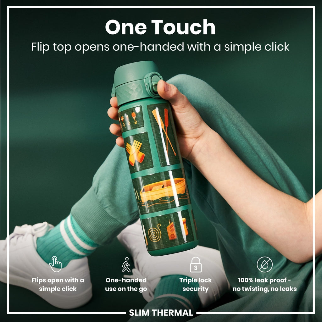 ION8 insulated steel fishing water bottle, 500ml, slim, leak-proof thermal water bottle with insulated design for outdoor use