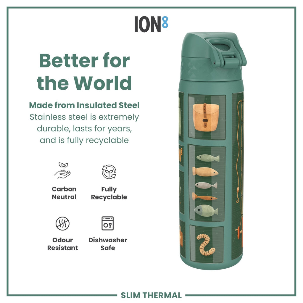 ION8 insulated steel fishing water bottle, 500ml, slim design with leak-proof, thermal insulation for hot or cold drinks.