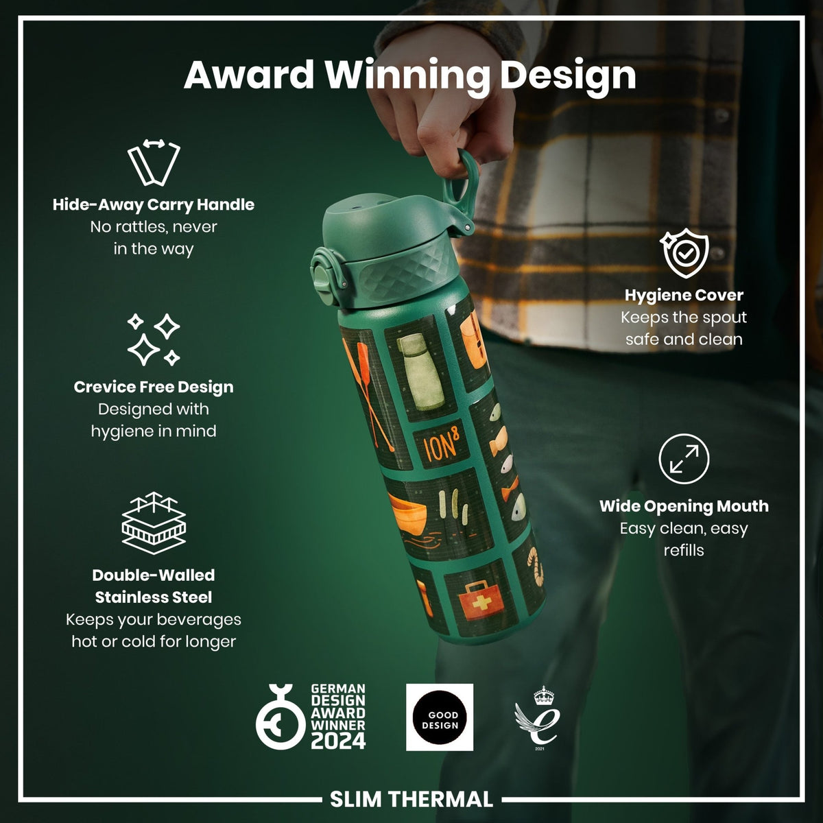 Ion8 insulated steel fishing water bottle, 500ml, slim and leak-proof thermal bottle for outdoor activities