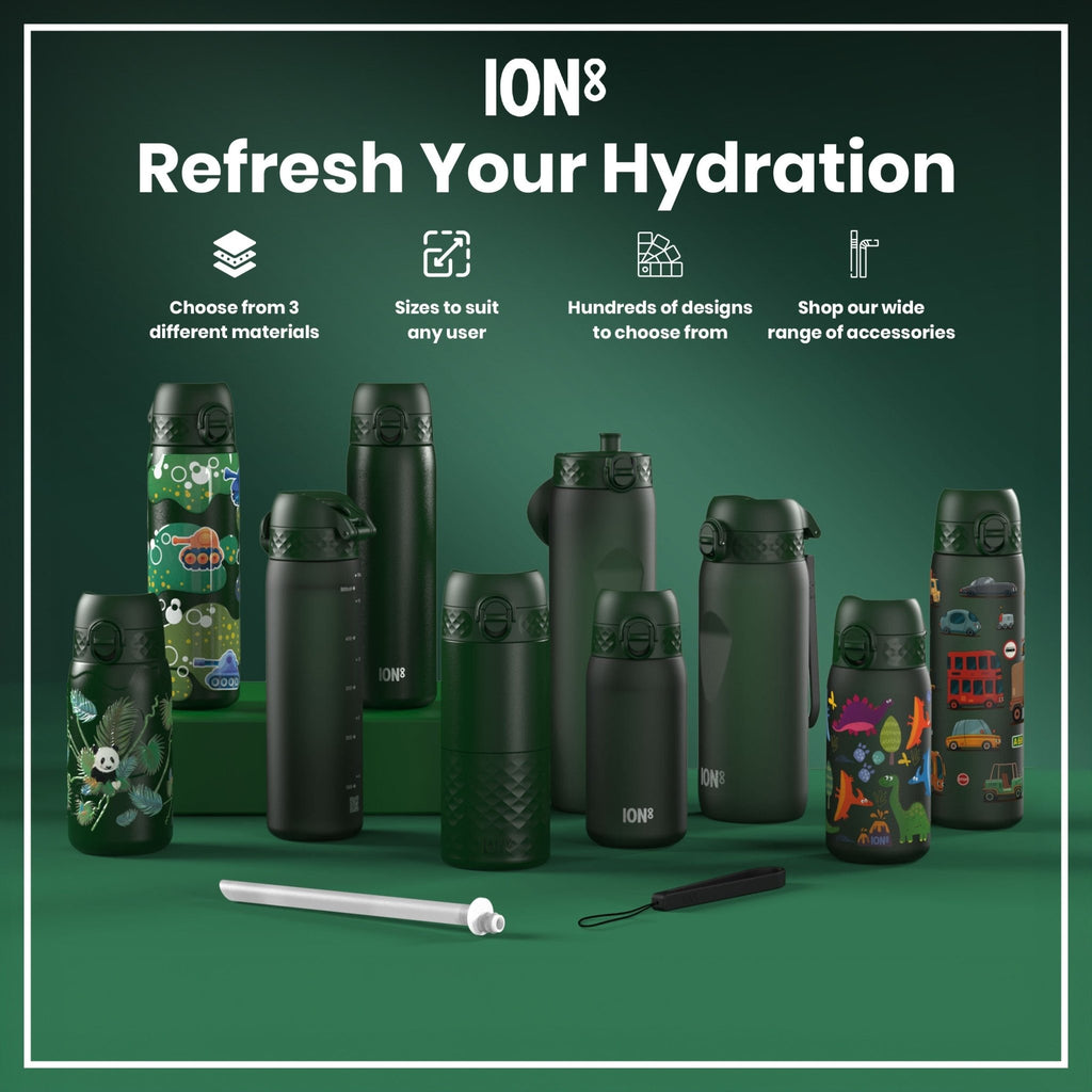 ION8 insulated steel water bottle for fishing, 500ml, slim, leak-proof thermal design, durable stainless steel, ideal for outdoor use.