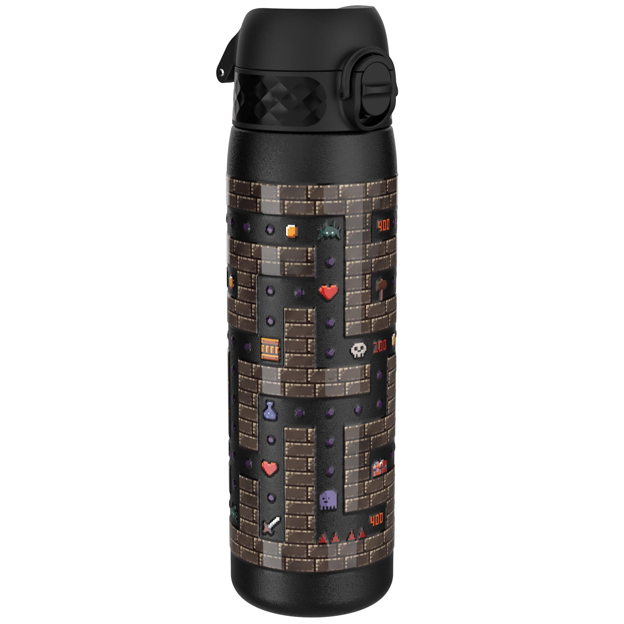 ION8 leak-proof slim thermal steel water bottle, 500ml insulated design with gamer-themed graphics, featuring a sleek, durable exterior