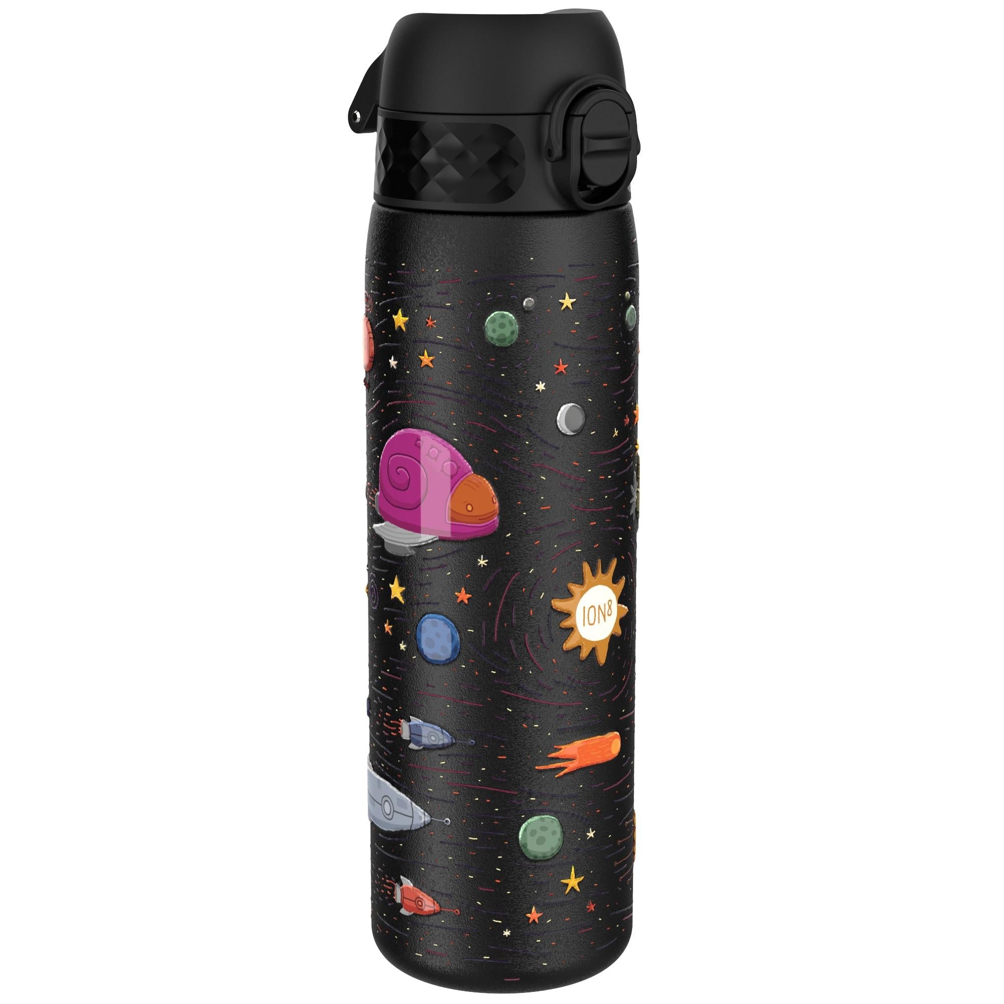 ION8 leak-proof slim thermal water bottle with spaceship design, 500ml insulated steel bottle for hot and cold beverages.