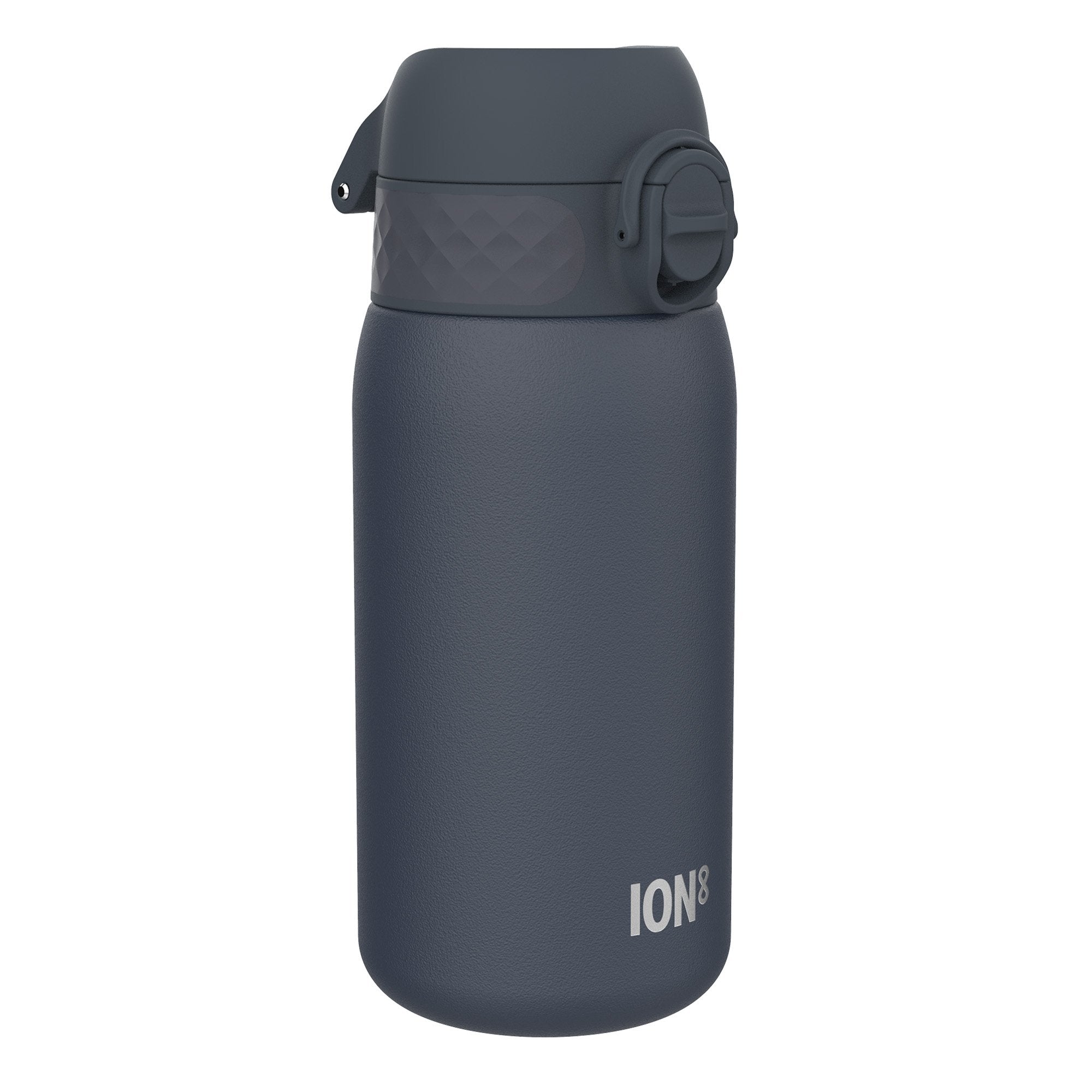 ION8 leak-proof thermal steel water bottle in ash navy with 320ml capacity, insulated for hot and cold drinks.