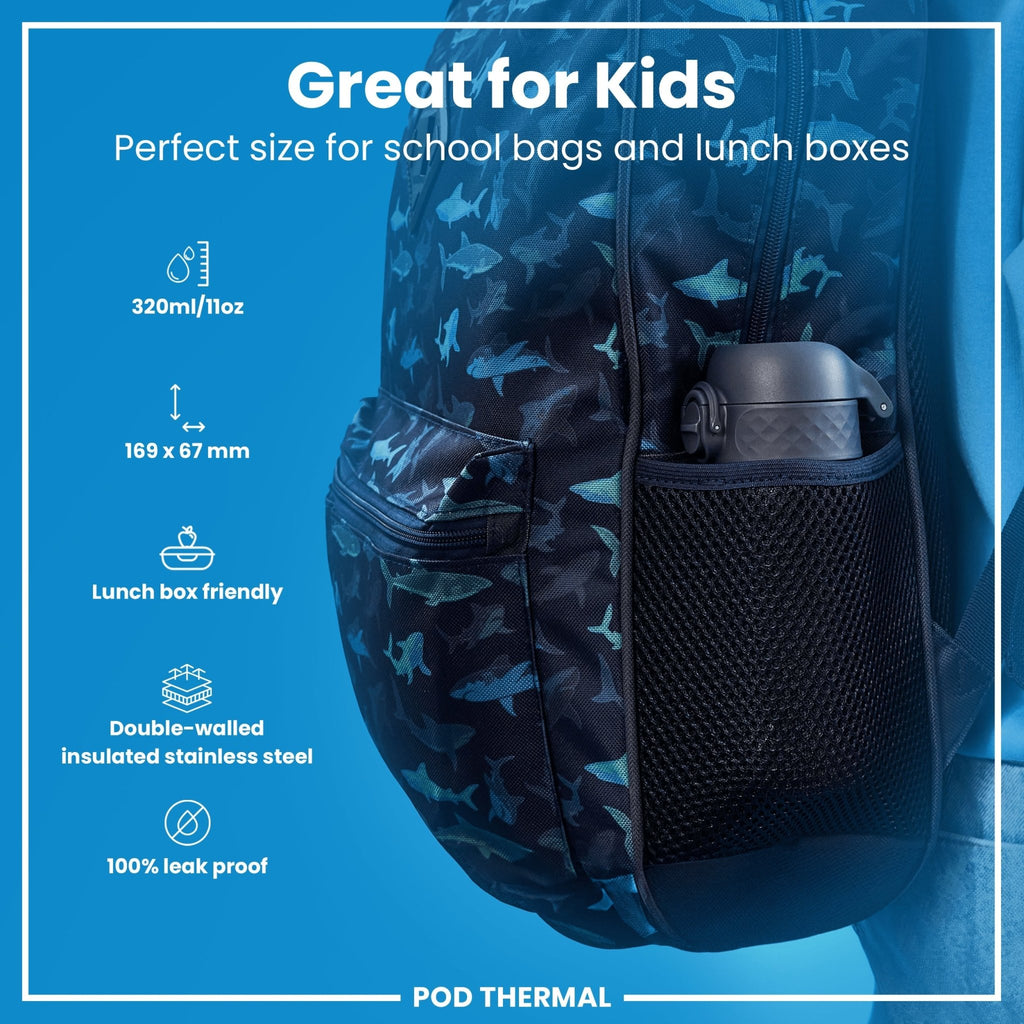 ION8 insulated steel water bottle in Ash Navy, 320ml, leak-proof thermal design, ideal for hot and cold drinks