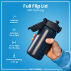 ION8 insulated steel water bottle in Ash Navy, 320ml, leak-proof thermal design for hot and cold beverages.