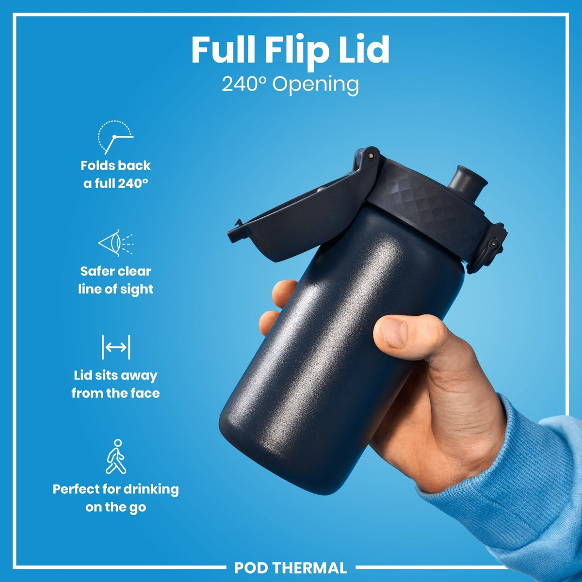 ION8 insulated steel water bottle in Ash Navy, 320ml, leak-proof thermal design for hot and cold beverages.