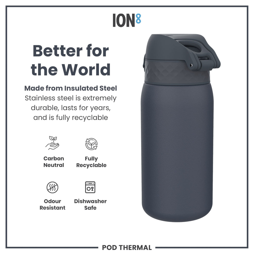 ION8 insulated steel water bottle in Ash Navy, 320ml, leak-proof thermal design, perfect for hot and cold beverages.