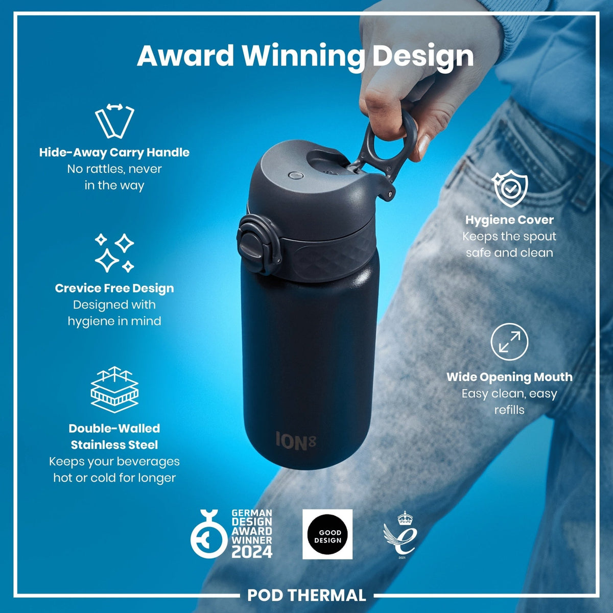 ION8 insulated steel water bottle in Ash Navy, 320ml, leak-proof thermal design, ideal for keeping drinks hot or cold.