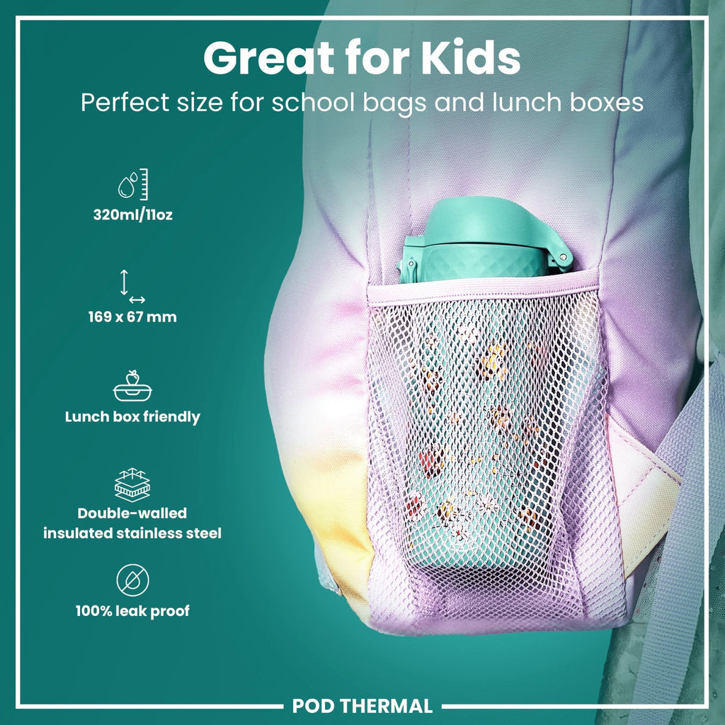 Ion8 insulated steel water bottle with bees design, 320ml, leak-proof thermal bottle for hot or cold drinks