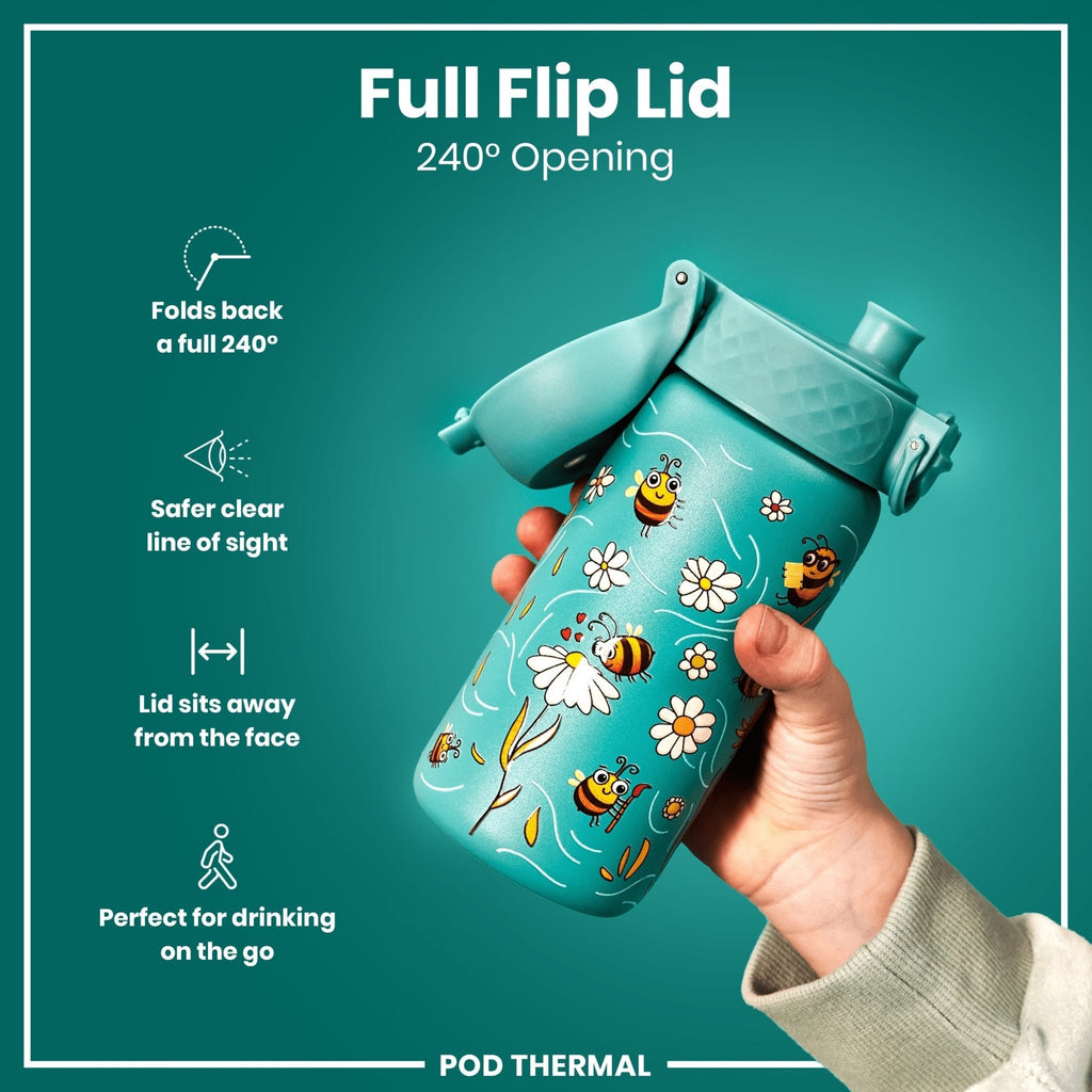 ION8 insulated steel water bottle with bees design, 320ml, leak-proof thermal insulation, ideal for hot and cold beverages.