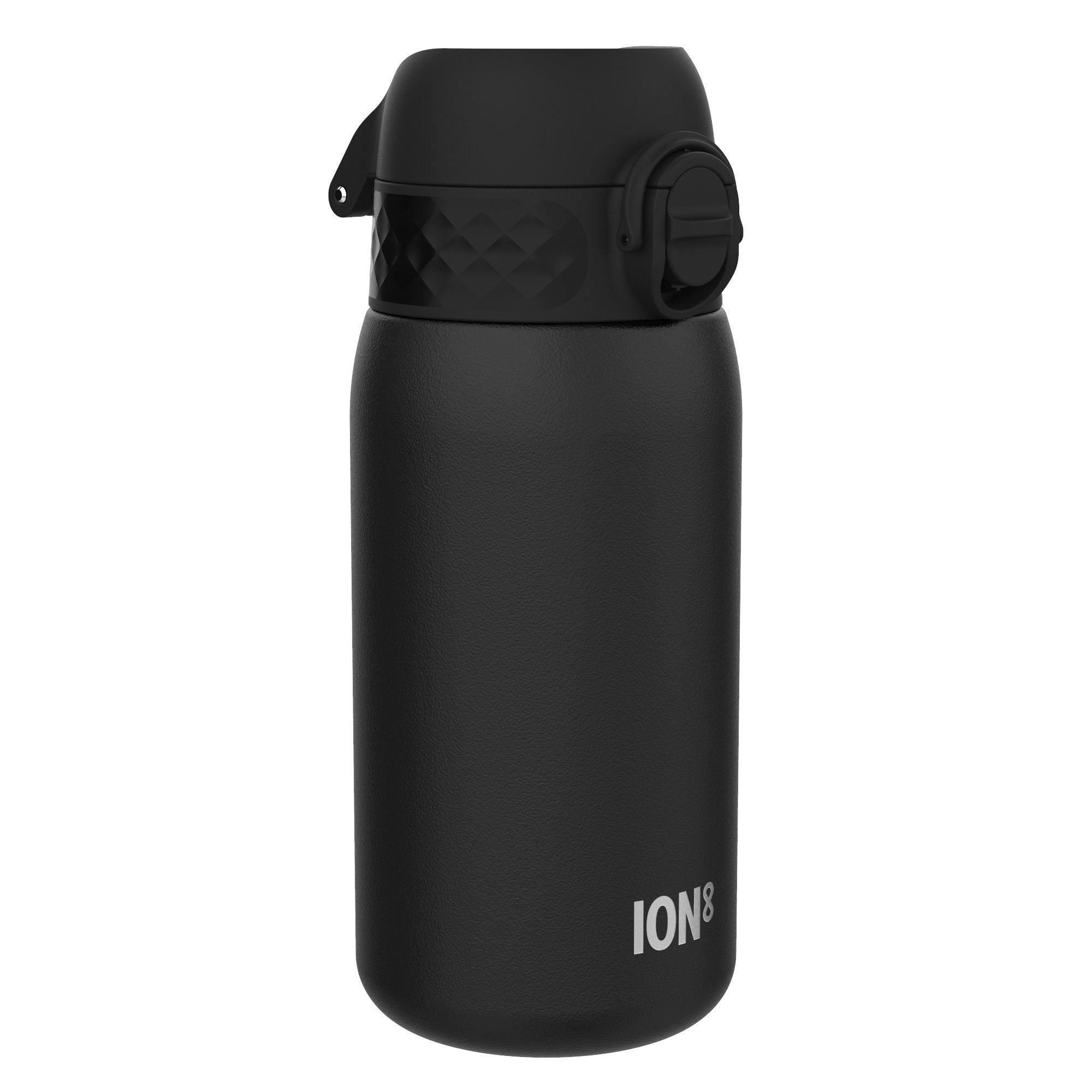 Black ION8 insulated steel water bottle, 320ml leak-proof thermal bottle with a sleek design and secure lid.
