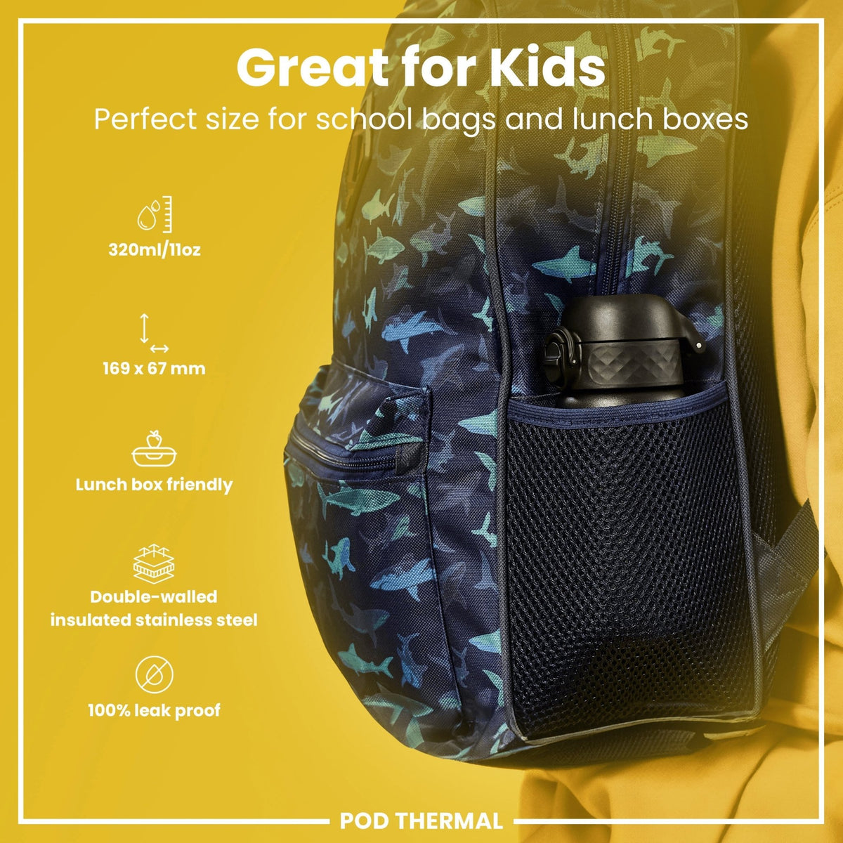 Ion8 insulated steel water bottle in black, 320ml, leak-proof thermal design, perfect for keeping drinks hot or cold.